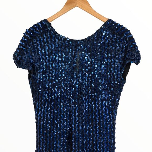 80’s Vintage Cobalt Sequin Zigzag Cap Sleeve V Back Bodycon Dress - Picture 2 of 11